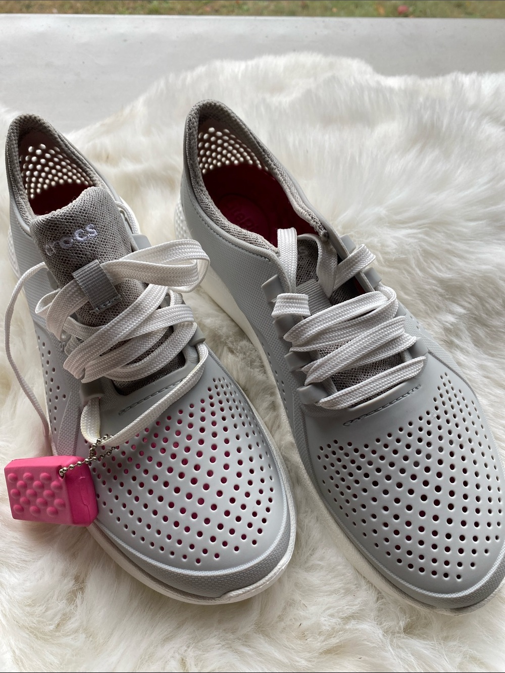 CROCS Gray Lace-Up Perforated Sneakers with Pink Accent